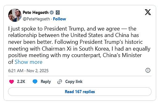 美国防长:美中关系从未如此好,与董军会面讨论直接军事沟通渠道(组图) - 2