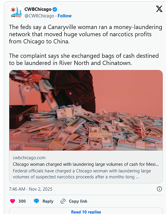 替墨西哥毒枭洗钱回中国，芝加哥华女遭联邦控罪（图） - 1