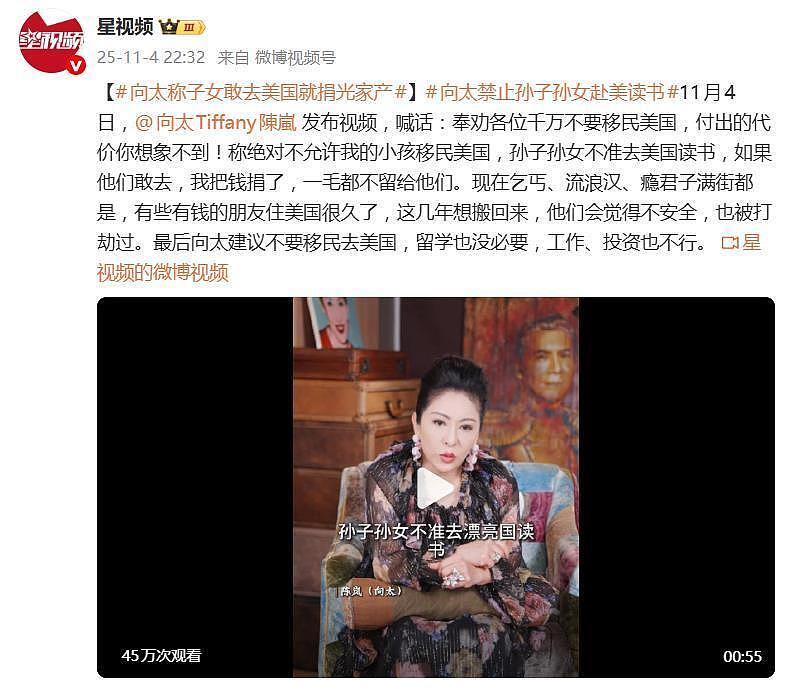向太陈岚称子女敢去美国就捐光家产：一毛都不留给他们（组图） - 2