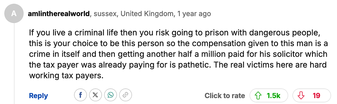 英国男子盗窃入狱,狱中遭狱友攻击,状告英国政府后获赔500万英镑!网友吵翻(组图) - 19