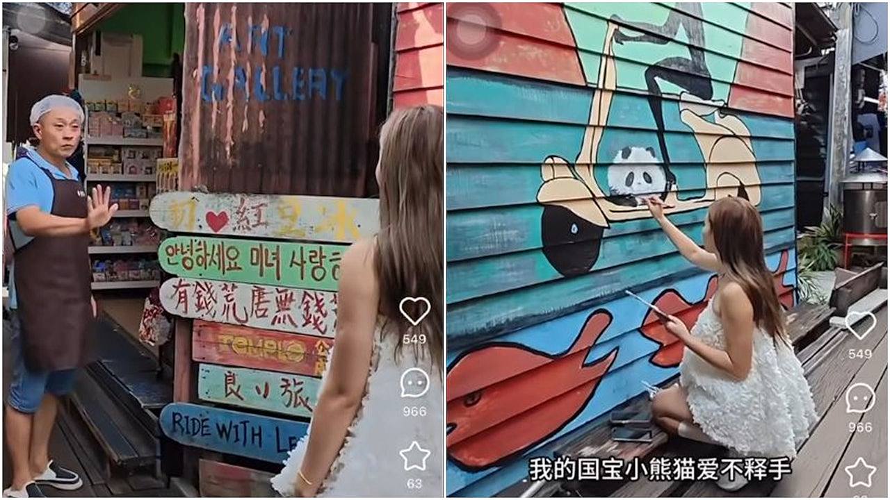 华女游客景点壁画上画熊猫,称“让人认识四川重庆”!大马网民怒批(组图) - 1