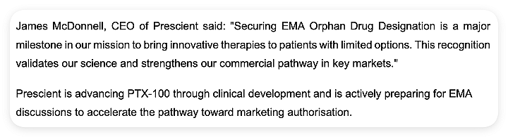 Prescient Therapeutics (ASX:PTX) 皮肤T细胞淋巴瘤疗法PTX-100获欧洲药品管理局孤儿药认定 - 3