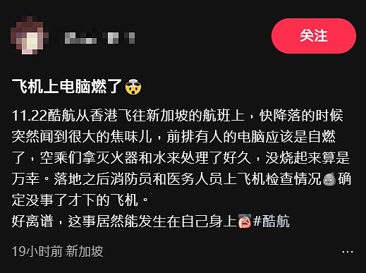 香港飞新加坡航班突发！疑似乘客电脑自燃，机舱座椅附近被熏黑（视频/组图） - 4