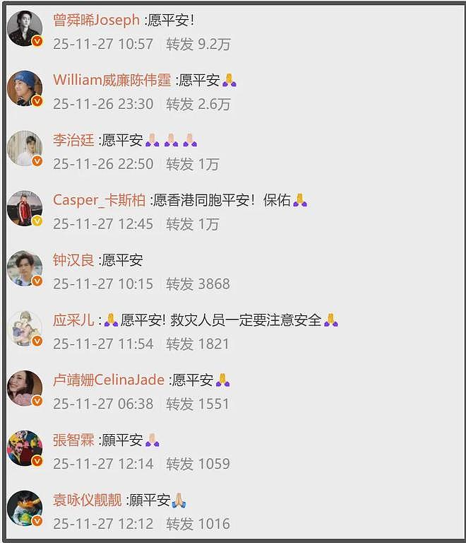 众星发文为香港火灾祈福，数位明星延迟官宣，多个文娱活动被取消（组图） - 13