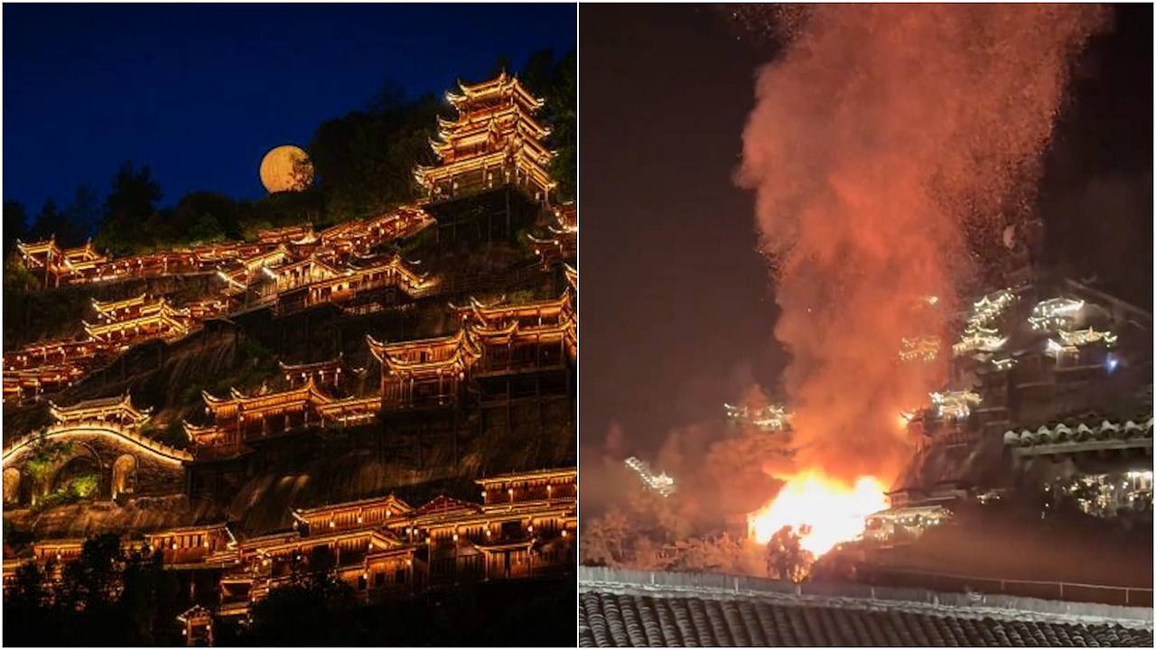 曾被误认为日本!江西望仙谷深夜大火,疑有木质建筑被烧塌(组图) - 1