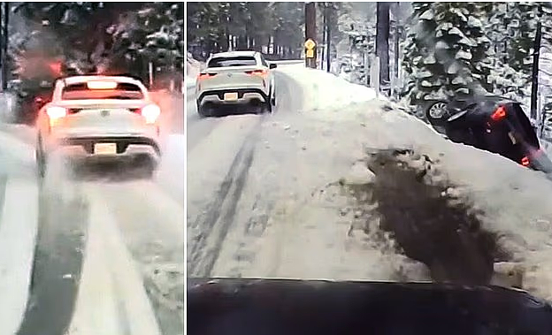太浩湖雪路惊魂：SUV滑下悬崖！有人停下，有人直接开走，路人秒变英雄救人救狗（组图） - 1