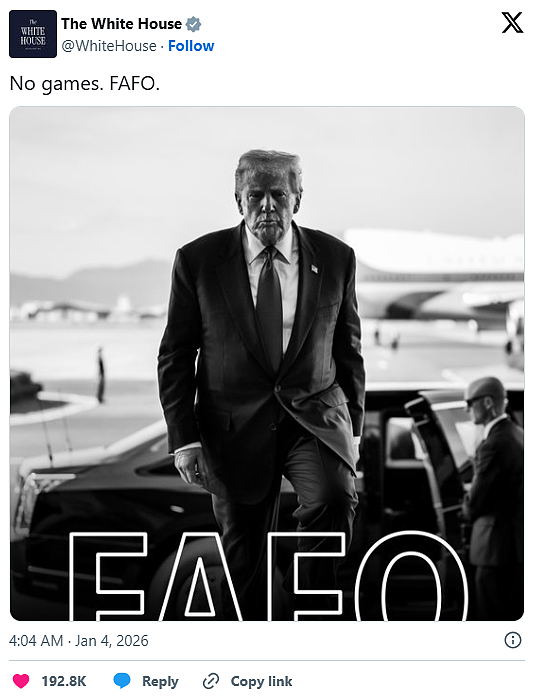 白宫贴一照片喊:“FAFO”呛爆马杜罗,4字背后意思曝光(组图) - 2