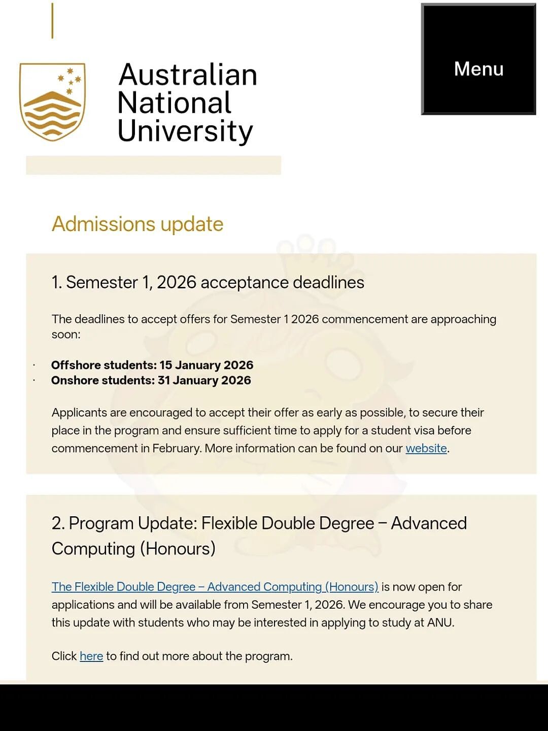 【留学申请】 ANU 2026年第一学期重要通知(组图) - 1