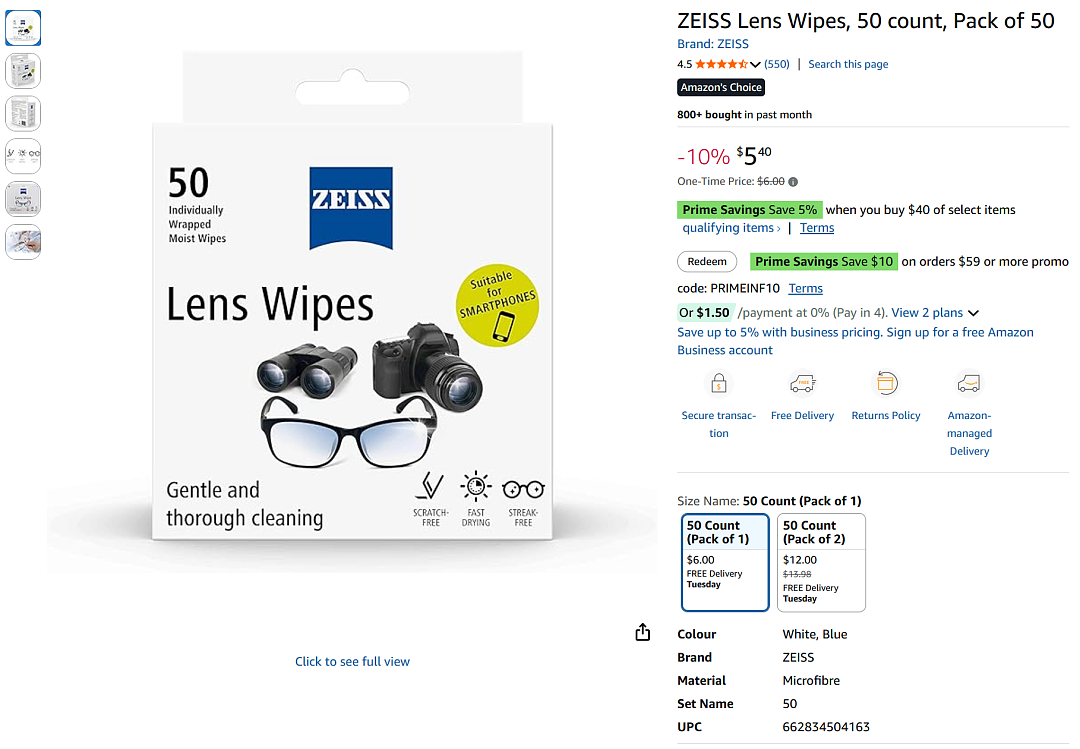 划算！【Amazon亚马逊】澳洲 Zeiss蔡司高级擦眼镜纸特卖（组图） - 1