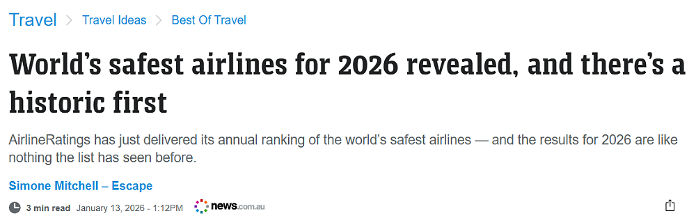 2026全球航司排名出炉!澳洲表现亮眼,中国这家航司史上首次上榜!(组图) - 1