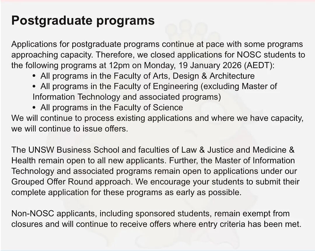 【留学申请】 UNSW 2026录取重要更新：多专业提前满位，申请窗口正在关闭（组图） - 3