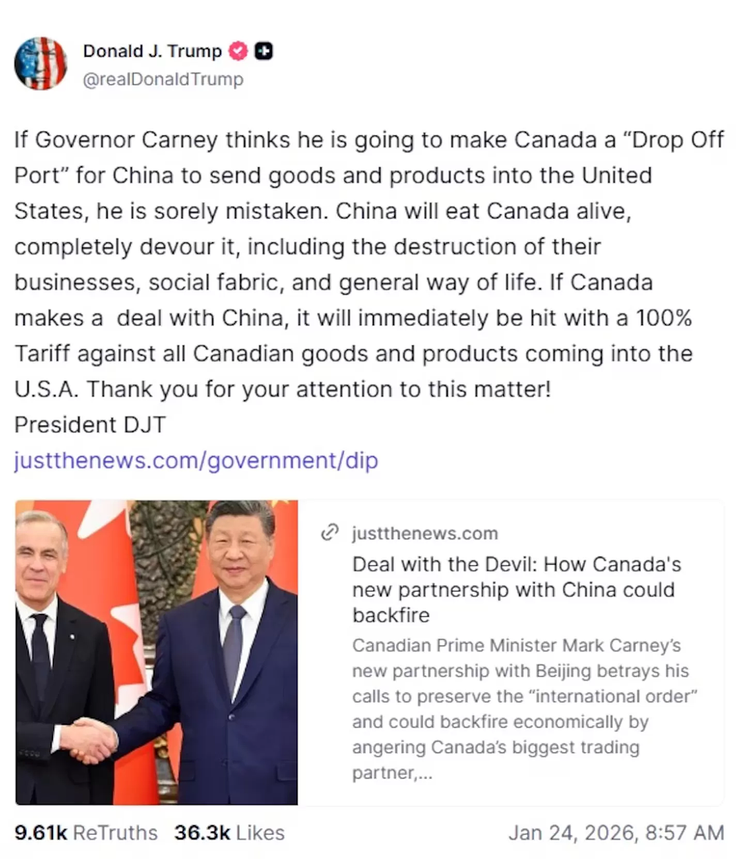 中加蜜月，特朗普破防，威胁加100%关税；加拿大早已看穿，卡尼拒绝退让（组图） - 1