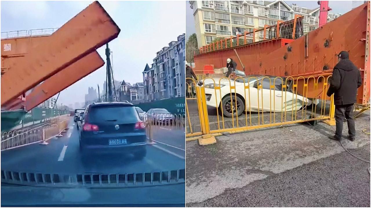 武汉地盘龙门吊坠落压毁车辆1死1伤,网民轰施工方未封路酿祸(组图) - 1