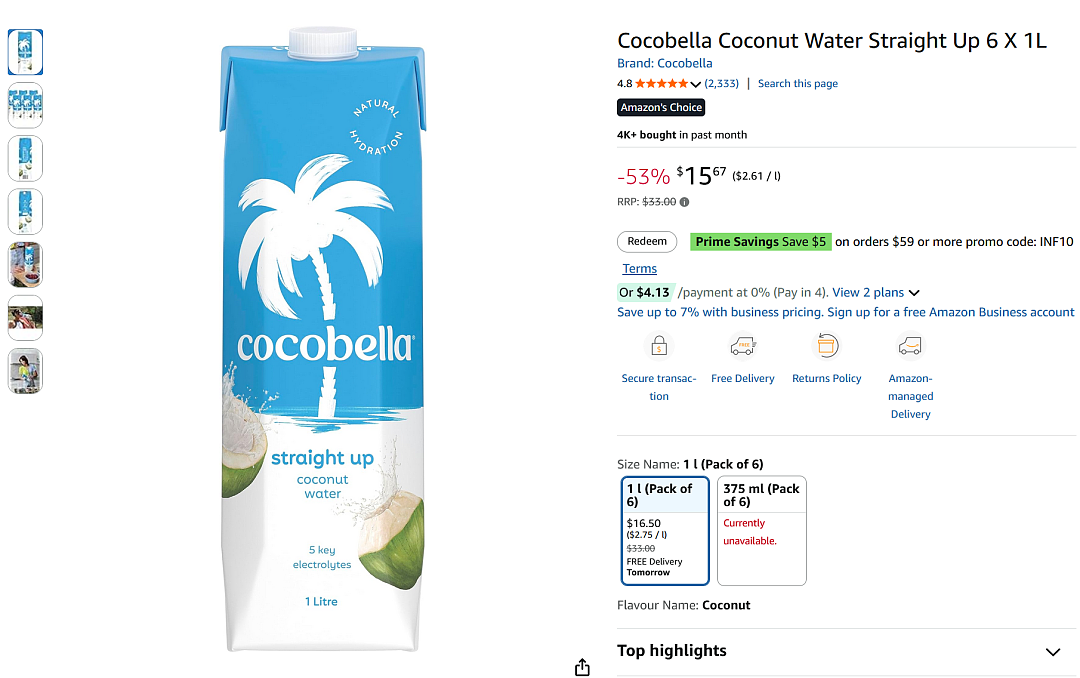 囤不？【Amazon亚马逊】澳洲 Cocobella椰子水 好价（组图） - 1