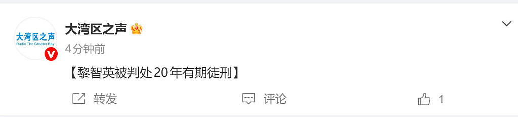 串谋勾结外国势力罪成,黎智英被判20年有期徒刑(组图) - 1