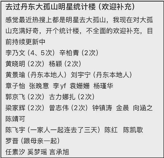 大孤山风波愈演愈烈！超50位明星扎堆前往，名单曝光网友呼吁深挖（组图） - 13