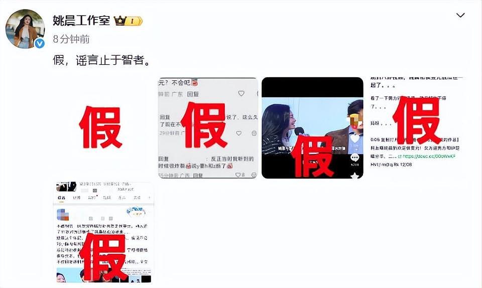 姚晨工作室否认和侯雯元恋情：假，谣言止于智者；此前男方否认：勿编故事，勿造谣（组图） - 1