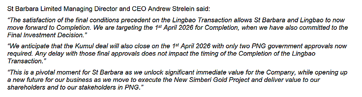 St Barbara Ltd (ASX:SBM) 与灵宝黄金合资交易满足全部先决条件 预计将获5亿澳元售股收益(组图) - 2