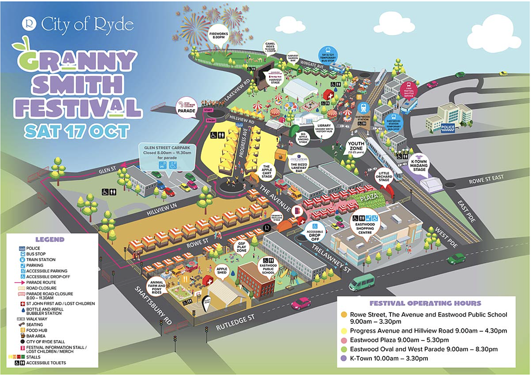 City of Ryde官方Granny Smith Festival活动地图，列明舞台、交通及分区时段