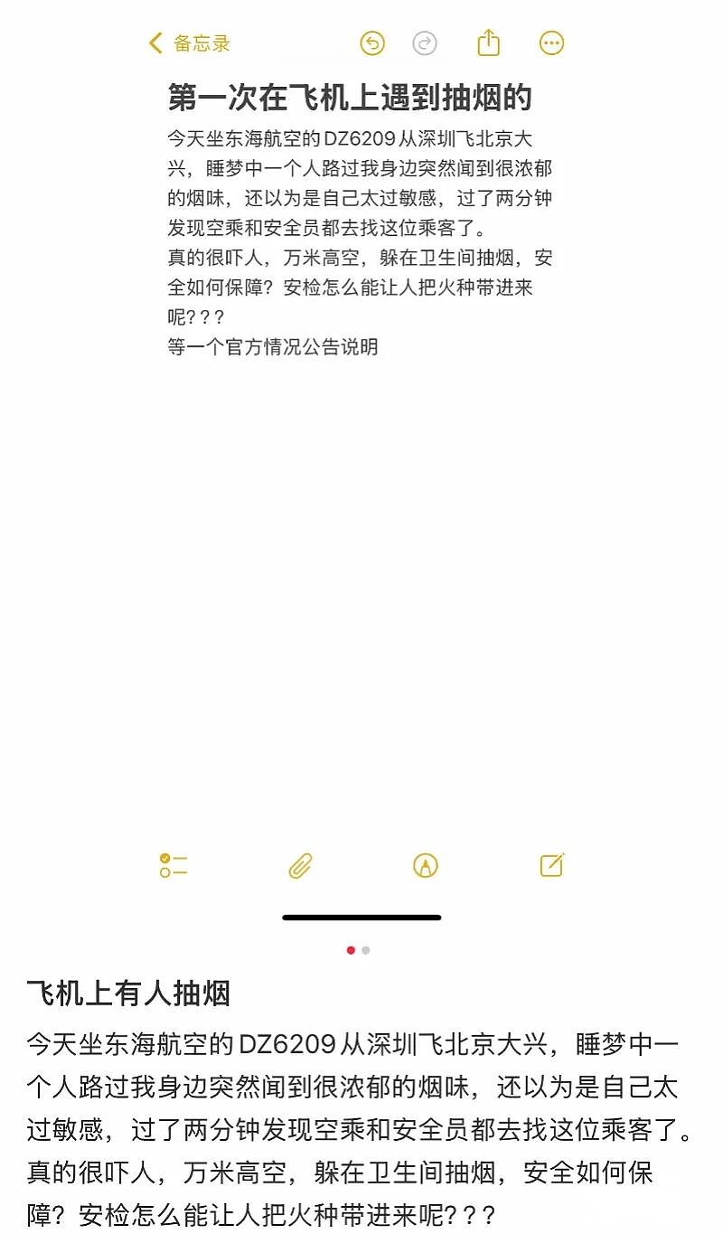 “真的很吓人！万米高空，有人躲在飞机卫生间抽烟” 东海航空回应：当天已按规定程序处置，并移交警方 - 1