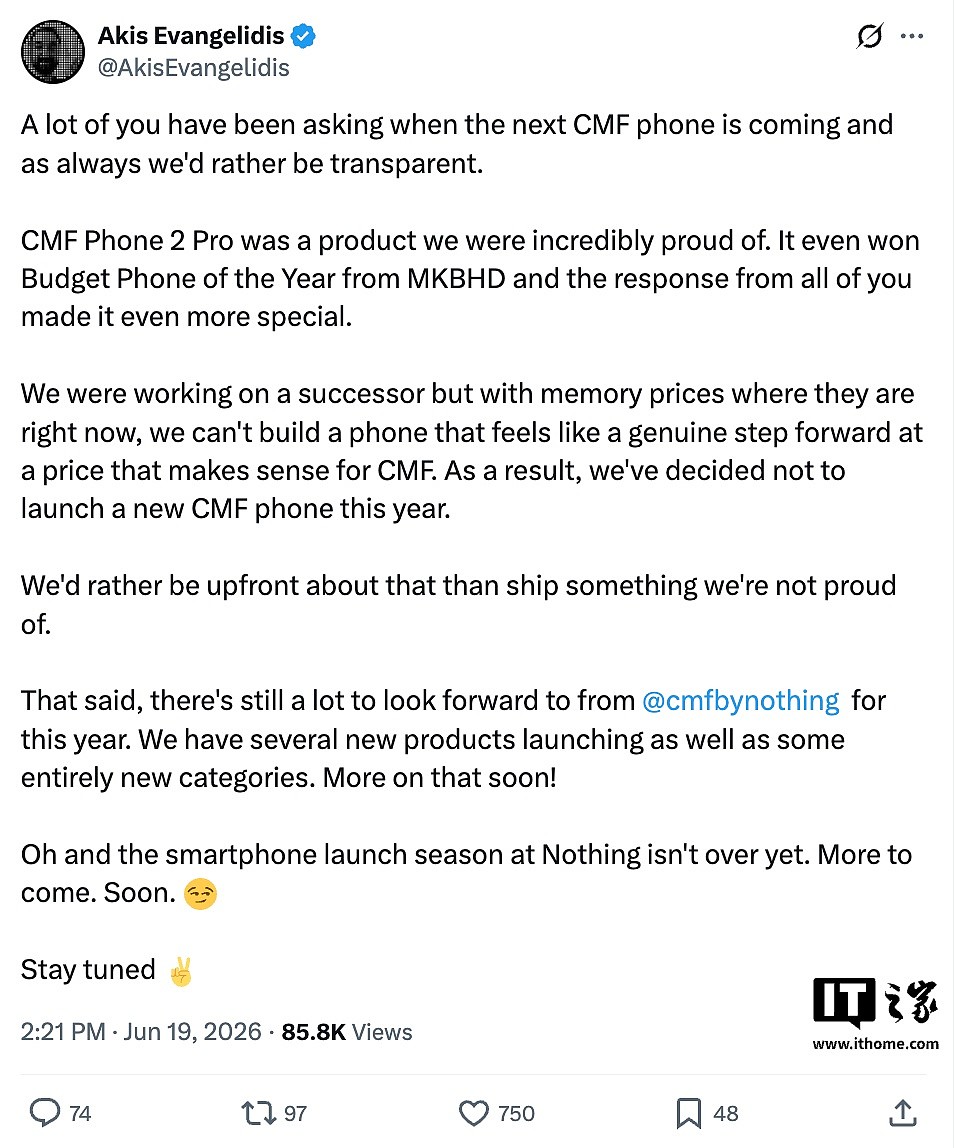 受内存价格持续飙升影响，Nothing 宣布今年停更 CMF 系列手机 - 1