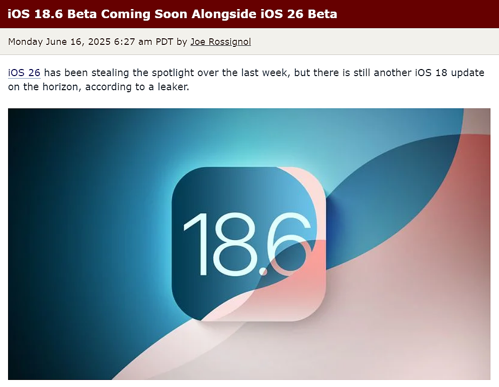 苹果 iOS 18.6 首个 Beta 版被曝即将到来 - 1