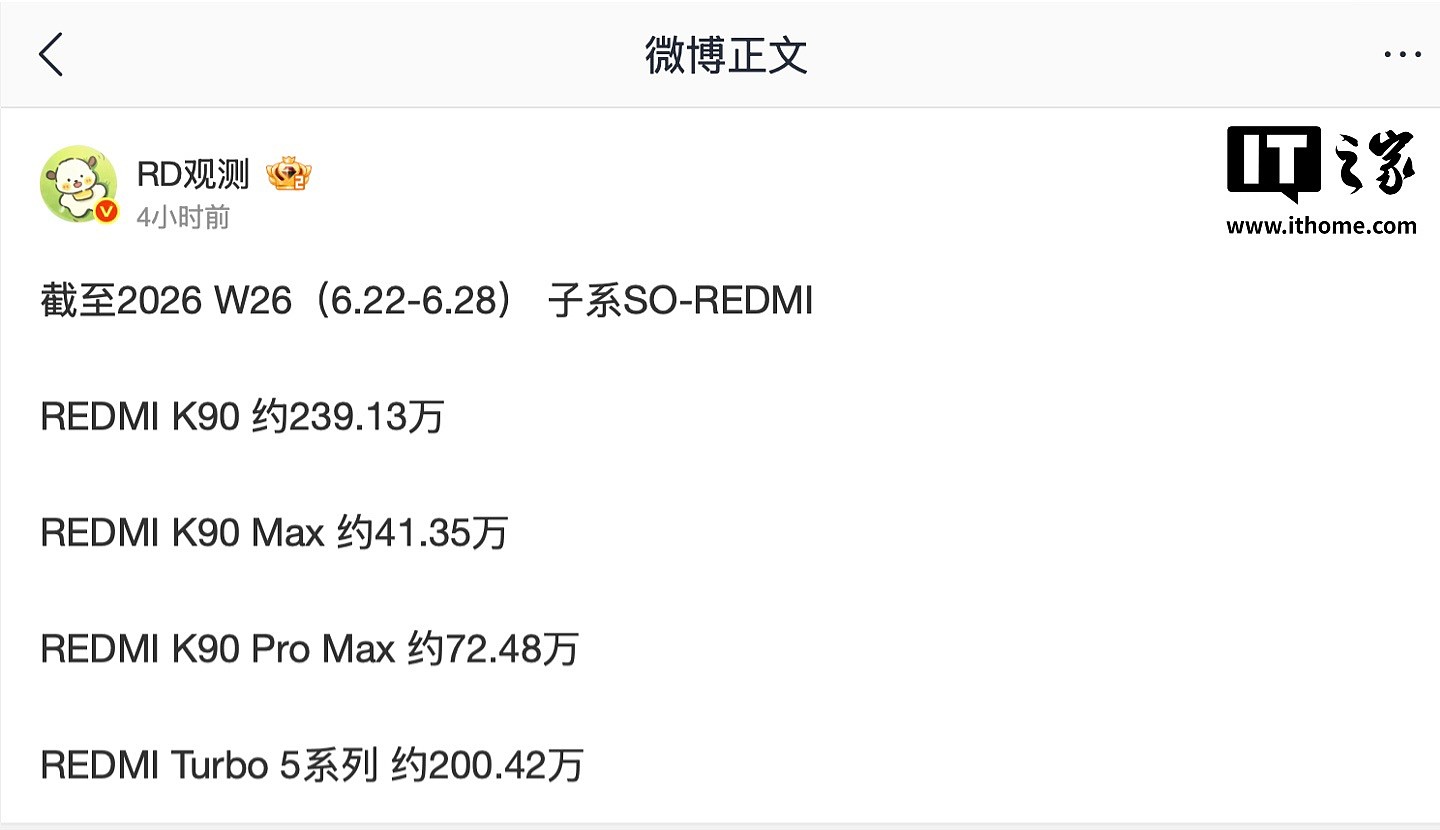 消息称小米 REDMI Turbo 5 系列手机销量超 200 万台 - 1