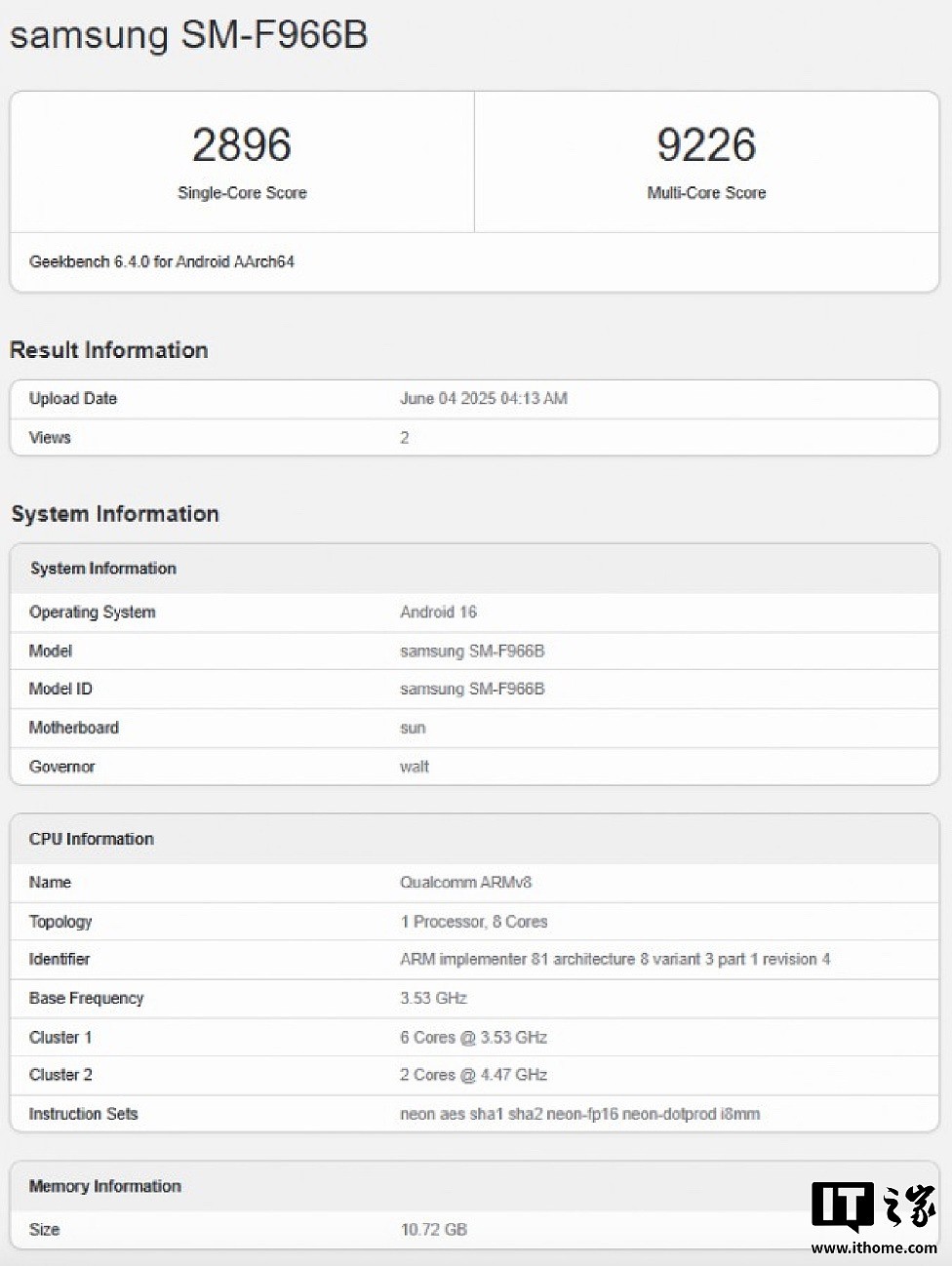 三星新机现身 Geekbench:预计为 Galaxy Z Fold 7 全球版,多核最高 9226 分 - 2