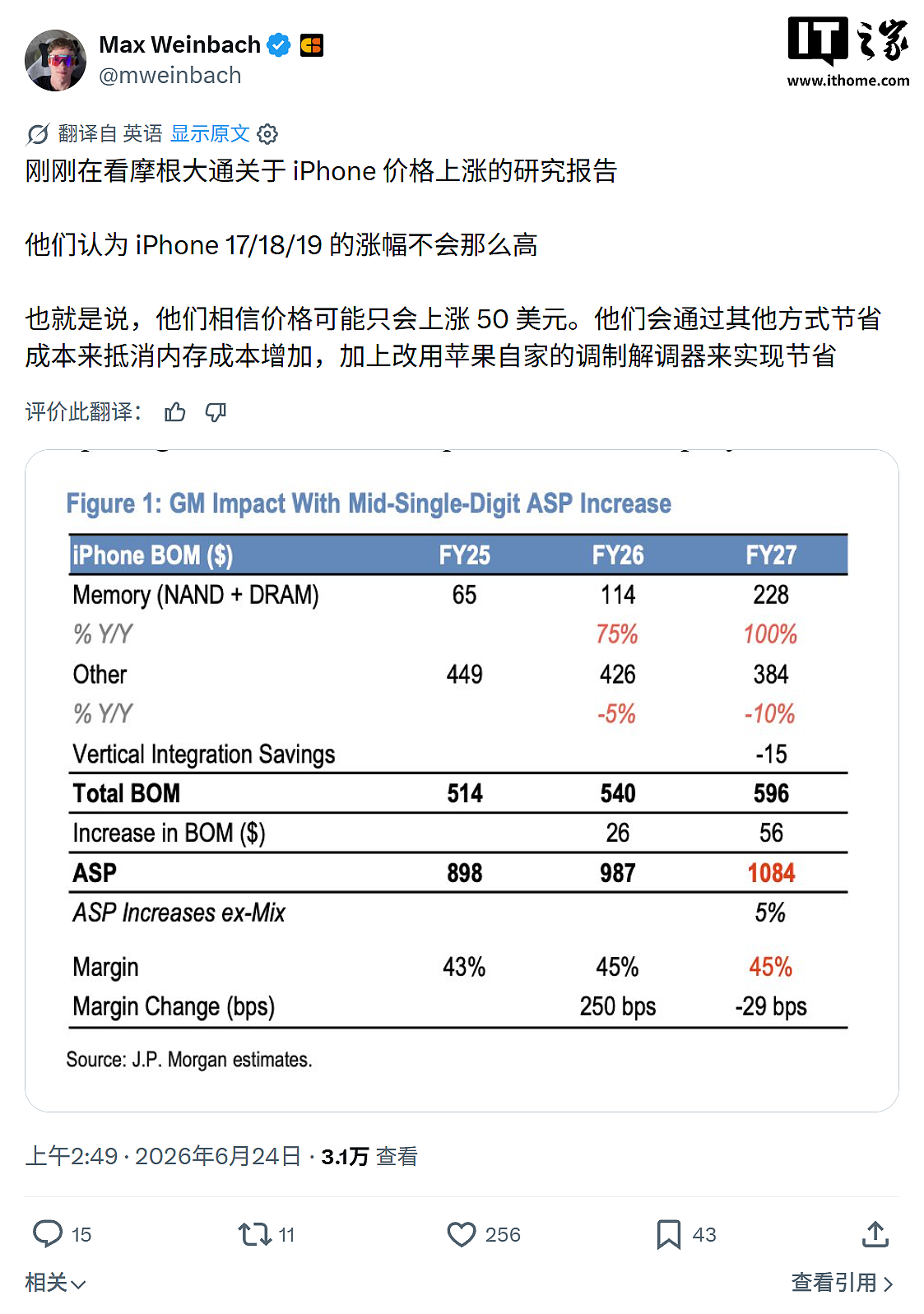 涨幅 4.55~9.1%：摩根大通预估苹果 iPhone 18 Pro / Max “温和”涨价 - 1