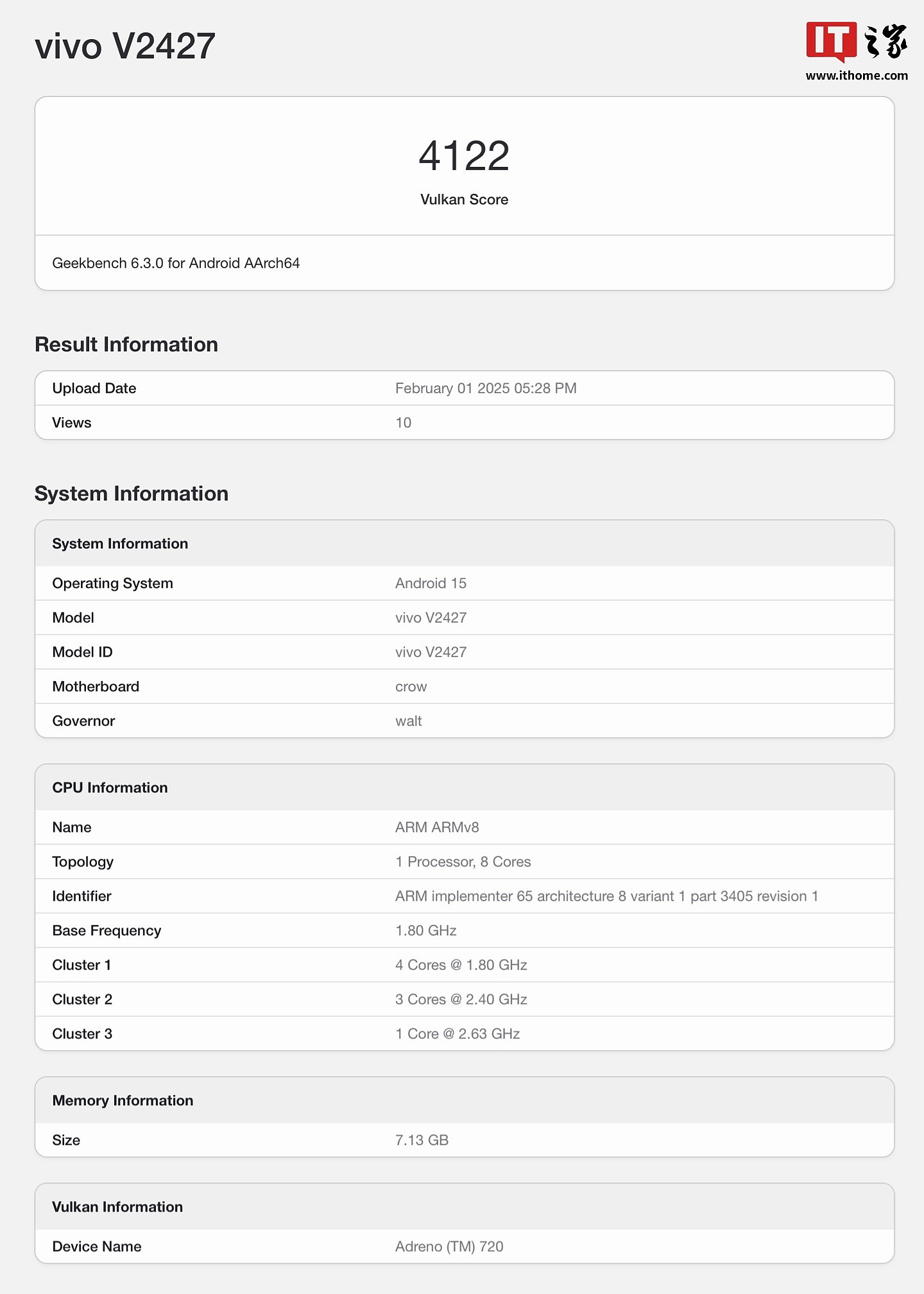 vivo V50 5G 手机现身 Geekbench 跑分库：骁龙 7 Gen 3 + 8GB RAM - 1