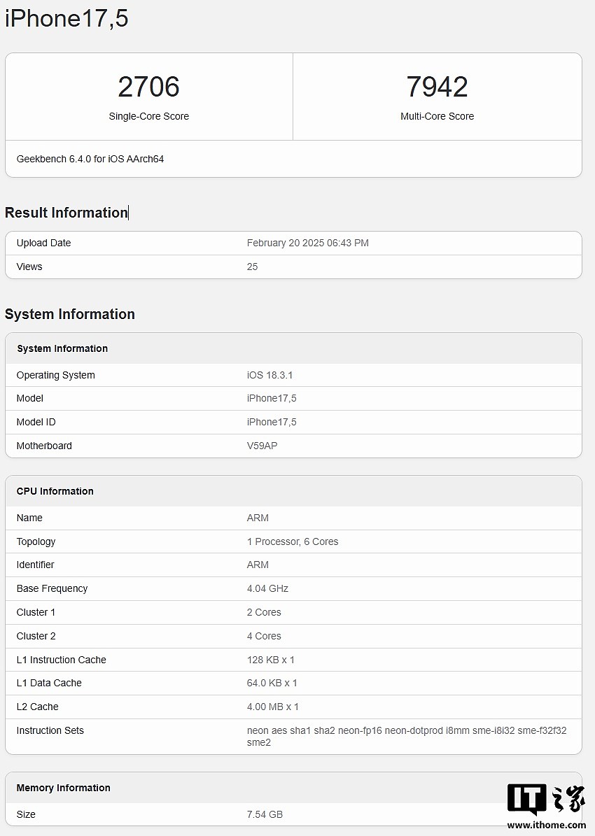 苹果 iPhone 16e 跑分现身 Geekbench：8GB 内存，预装 iOS 18.3.1 系统 - 1