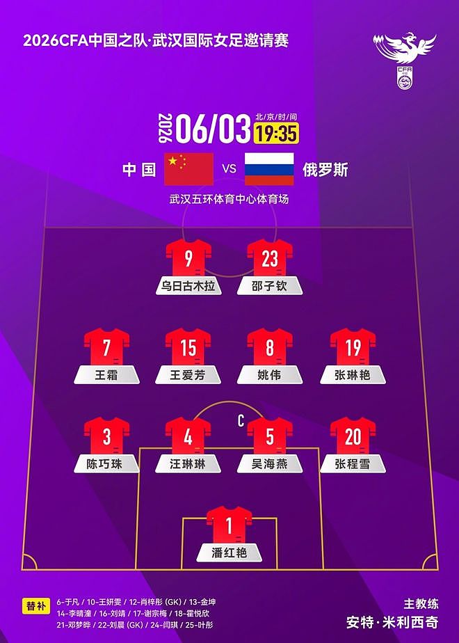 中国女足VS俄罗斯首发：吴海燕队长 王霜、张琳艳先发 王爱芳登场 - 1