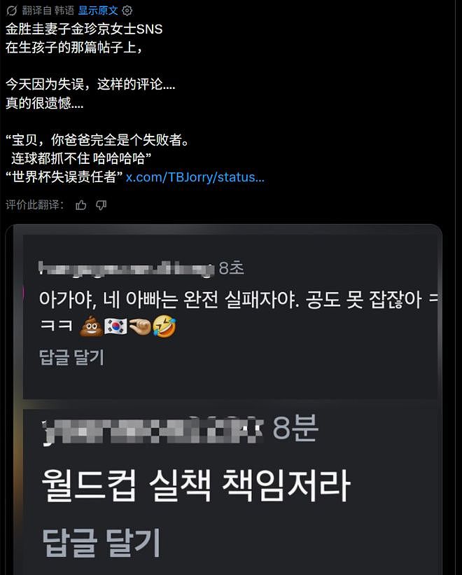 恶毒!韩国球迷网暴金成奎产后妻子:孩子你爸是失败者连球都接不住 - 6