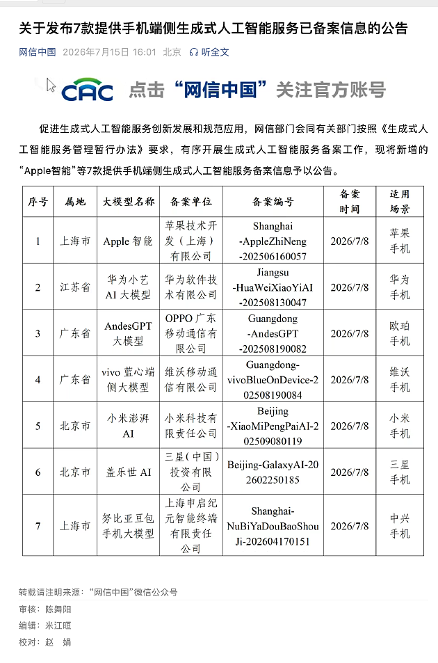 Apple智能在华完成备案,与华为、OPPO、vivo、小米、三星、中兴同批获准 - 1