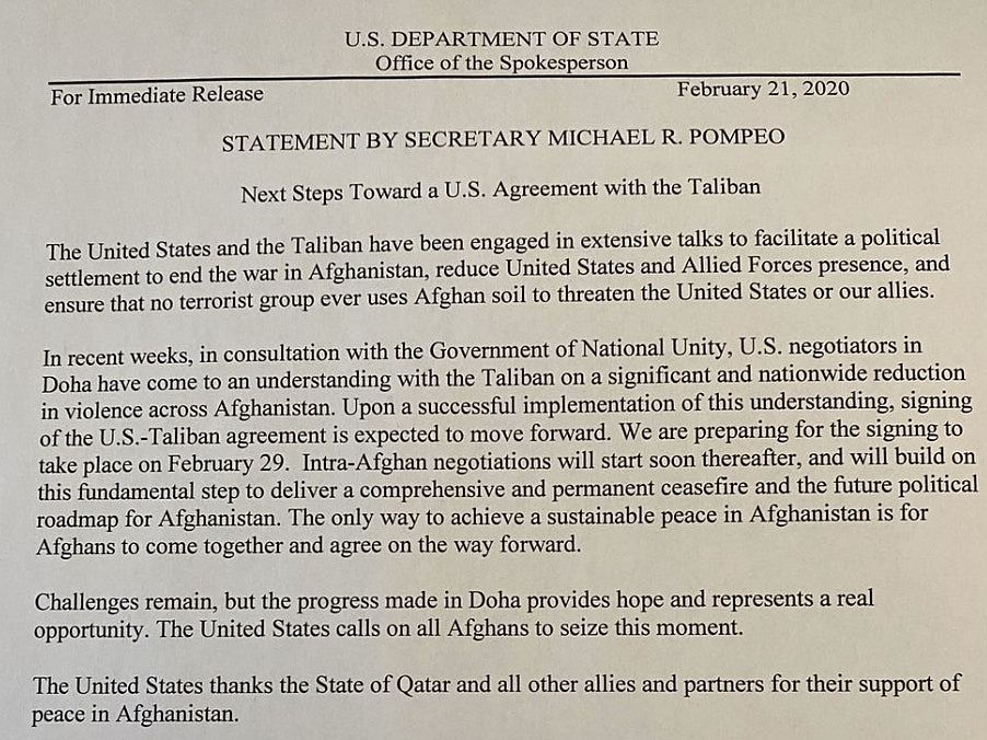 美国宣布于2月29日与塔利班签署和平协议（图） - 1