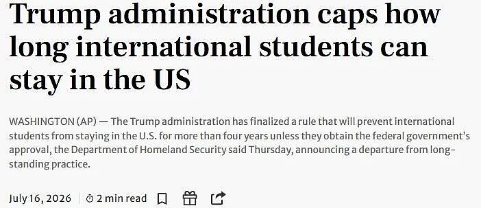美国留学大改!特朗普新规9月生效:国际学生在美不得超过4年!(组图) - 1