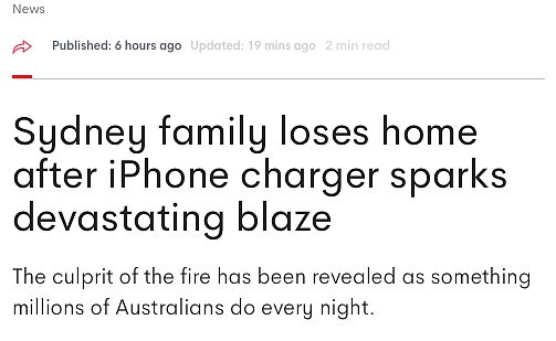 iPhone充电器半夜爆炸，澳洲一家人房子烧没了...（组图） - 1