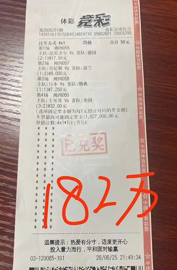 精准猜中4场比分！广西男子50元竞猜世界杯中182万大奖（组图） - 1