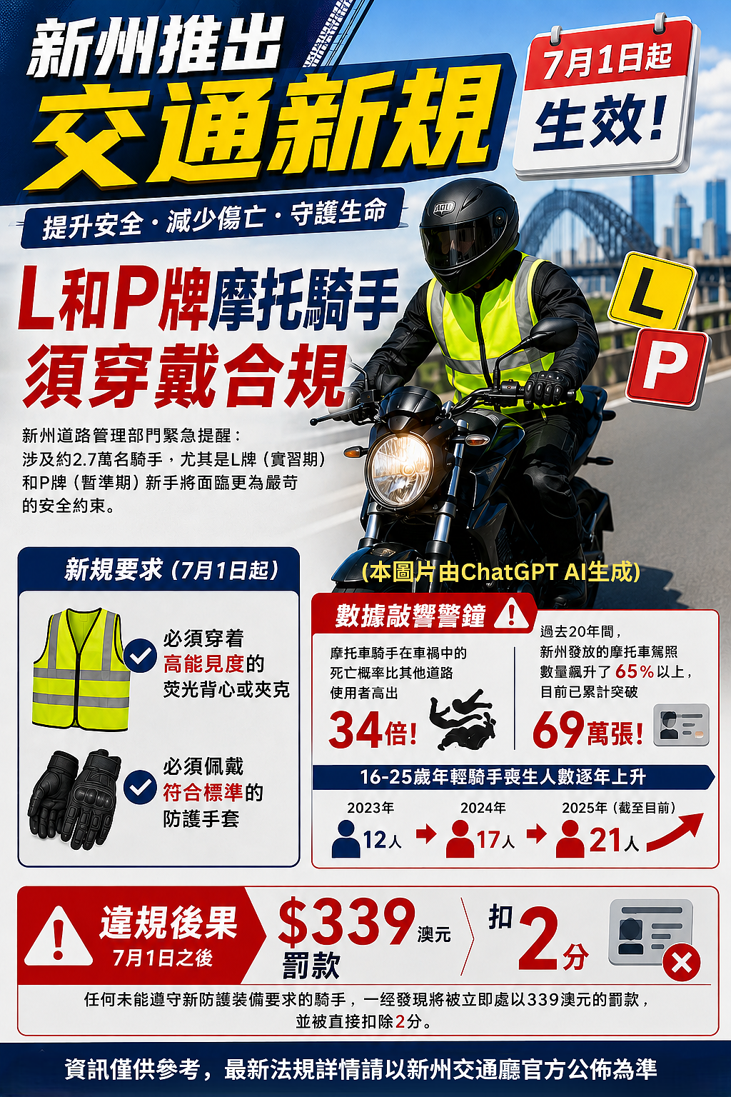 新州7月1日起推出新交规，L和P牌摩托骑手须穿戴合规（组图） - 1