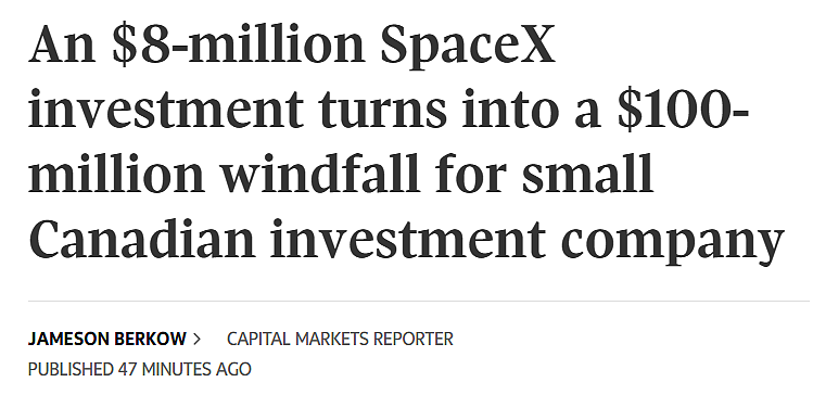 马斯克再造富!SpaceX上市400人成亿万富翁,加拿大公司$800万变1亿(组图) - 5