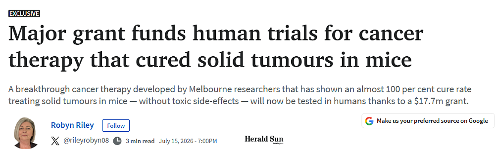 癌症新疗法动物实验治愈率近100%!墨尔本科学家全球首创,获国家资金即将临床试验 - 1