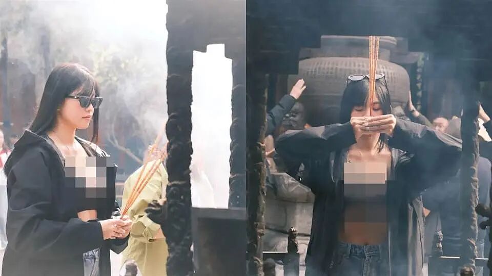 性感女网红“袒胸露乳”拜佛，没点香被指摆拍！网友：连神仙都骗？ - 5