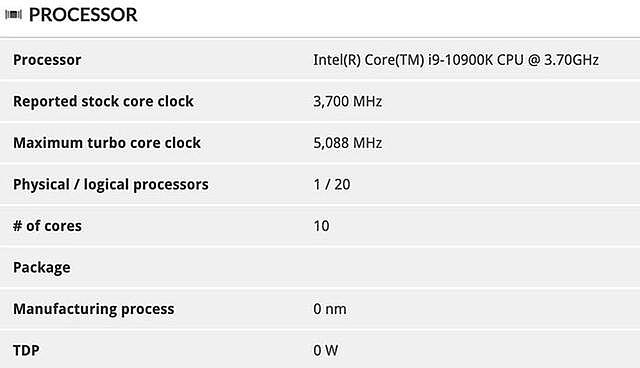 Intel Core i9-10900K最大睿频5.1GHz