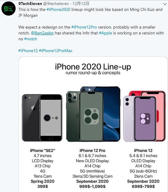 2020年iPhone爆料：尺寸从4.7至6.7英寸，起售价或为2800元