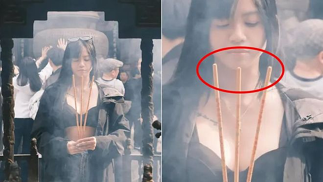性感女网红“袒胸露乳”拜佛，没点香被指摆拍！网友：连神仙都骗？ - 4