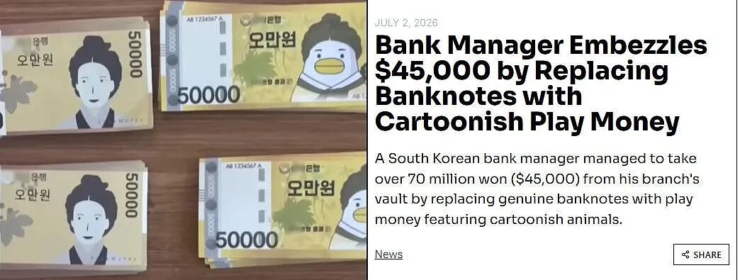 笑喷！银行行长用小鸭子假钞掉包真钱，居然偷7000万没人发现...（组图） - 1