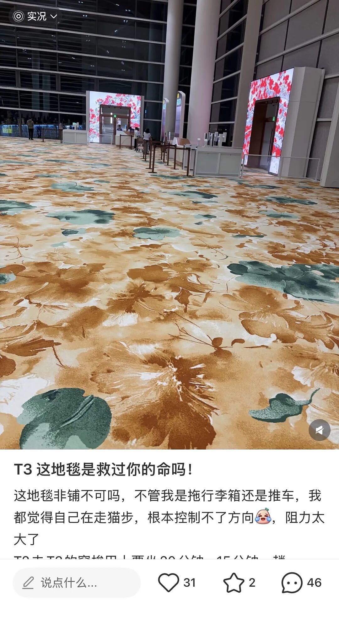好看不中用？广州白云机场T3航站楼地毯，因太难走被吐槽“拉箱子拉出犁地的体验”！网友：有氧达标了 - 3