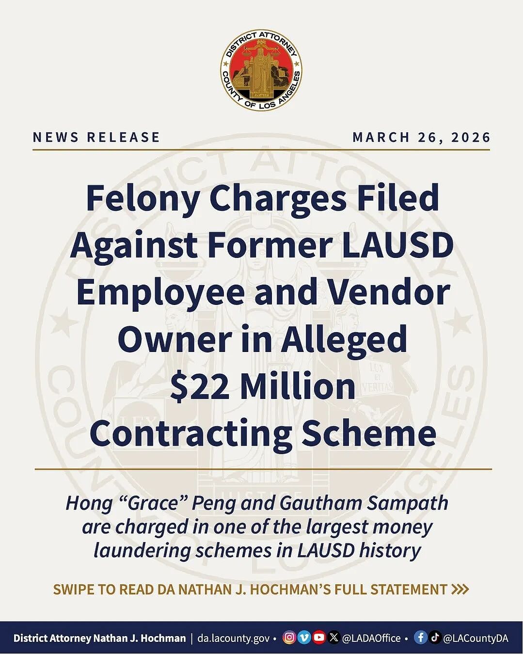 洛杉矶学区华女员工转让$2200万项目,收$300万回扣!被控重罪(组图) - 1