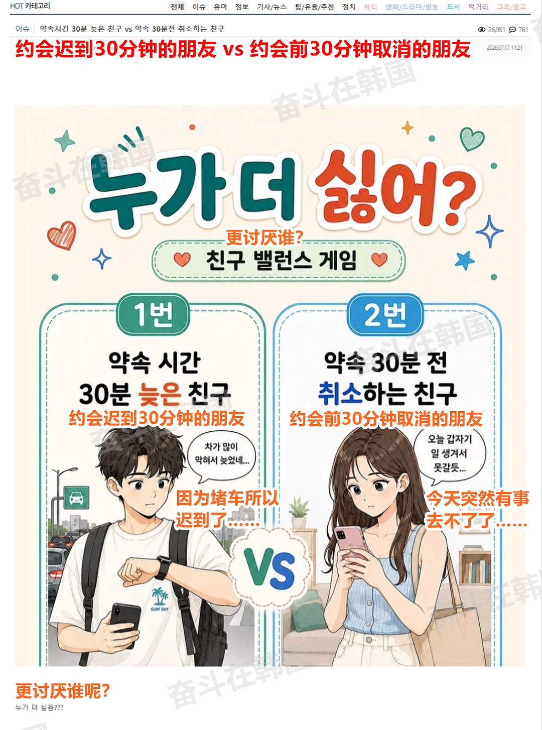 韩网热帖:约会迟到30分钟 vs 约会前30分钟取消,更讨厌哪一种?(图) - 1