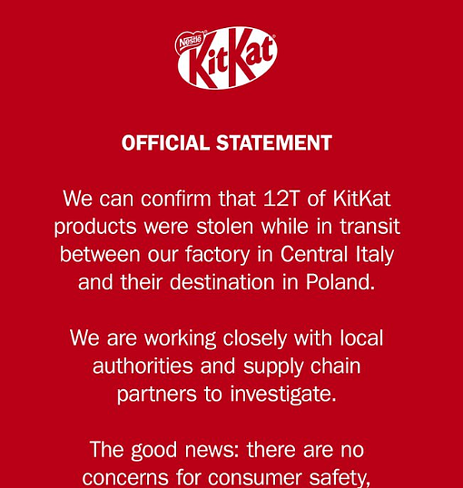一车KitKat巧克力被盗,竟引发全球品牌“接龙狂欢” - 1